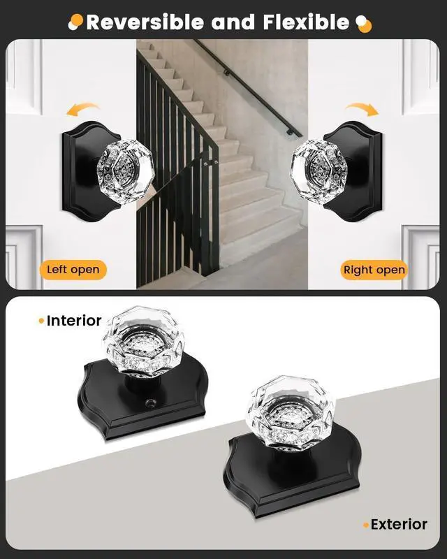 Alt view image 5 of 7 - 5 Pack Clear Crystal Door Knobs,Diamond Glass Passage Door Handles Locks for Closet Hallway,Keyless Interior Door Knob with Matte Black Rosette