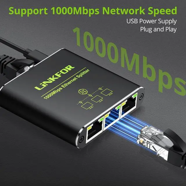 Alt view image 2 of 7 - LiNKFOR Ethernet Splitter 1 in 3 Out,1000Mbps High Speed Splitter RJ45 Network Extension Connector with USB Type C Cable Gigabit Ethernet Switch Network Sharing for Cat8 Cat7 Cat6 Cat5 Cat5e