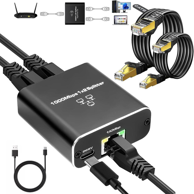 Ethernet Splitter 1 To 2 Ethernet Hub 2 Port,RJ45 Cable Splitter Fixable RJ45 Internet Switch Internet Splitter, 1000Mbps For Cat 5/5e/6/7/8 Cable,Can Be Fixed To The Wall