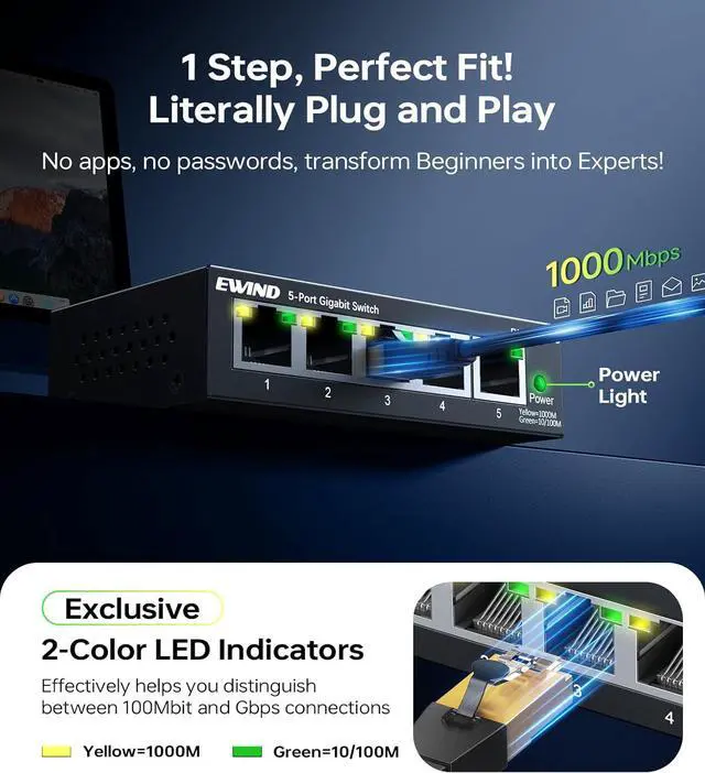 Alt view image 2 of 6 - 2025 Upgraded 5 Port Gigabit Ethernet Switch with LED&VLAN Isolation, Lifetime Protection, Plug & Play Unmanaged Network Switch, Fanless Quiet, Desktop/Wall Mount Metal Ethernet Splitter