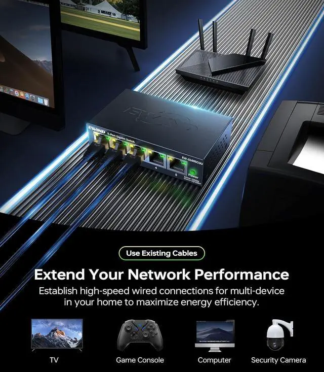 Alt view image 3 of 6 - 2025 Upgraded 5 Port Gigabit Ethernet Switch with LED&VLAN Isolation, Lifetime Protection, Plug & Play Unmanaged Network Switch, Fanless Quiet, Desktop/Wall Mount Metal Ethernet Splitter