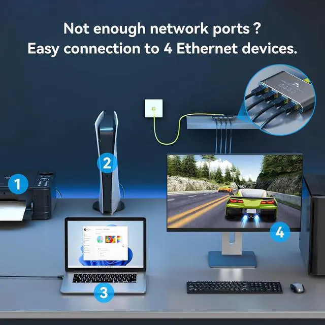 Alt view image 4 of 7 - Ethernet Splitter 1 to 4 1000Mbps High Speed Internet Splitter, Gigabit Network Splitter with an Ethernet Cable and a USB Power Cable, 1 in 4 Out LAN RJ45 Splitter Work with Cat 6/7/8 Cable
