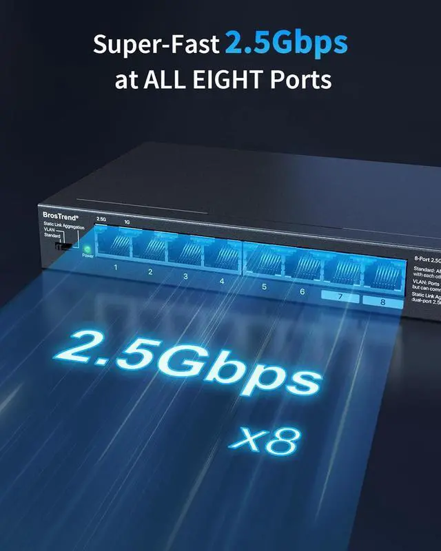 Alt view image 2 of 6 - BrosTrend 2.5Gb Switch, Unmanaged 8 Port Ethernet Switch 2.5 Gigabit Supports Static Link Aggregation & VLAN, Fanless, Desktop Wall Mount, Multi Gig Splitter for Gaming, NAS, PC, Lifetime Protection