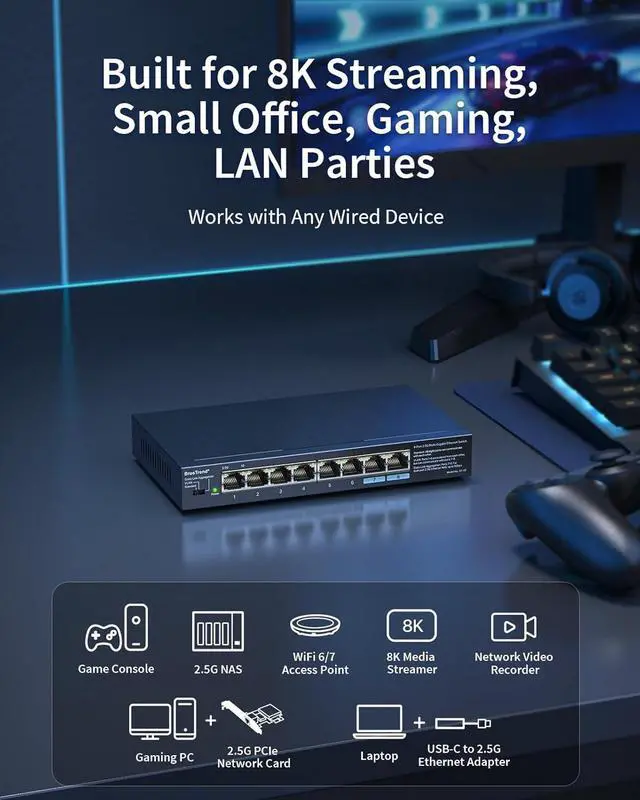 Alt view image 3 of 6 - BrosTrend 2.5Gb Switch, Unmanaged 8 Port Ethernet Switch 2.5 Gigabit Supports Static Link Aggregation & VLAN, Fanless, Desktop Wall Mount, Multi Gig Splitter for Gaming, NAS, PC, Lifetime Protection