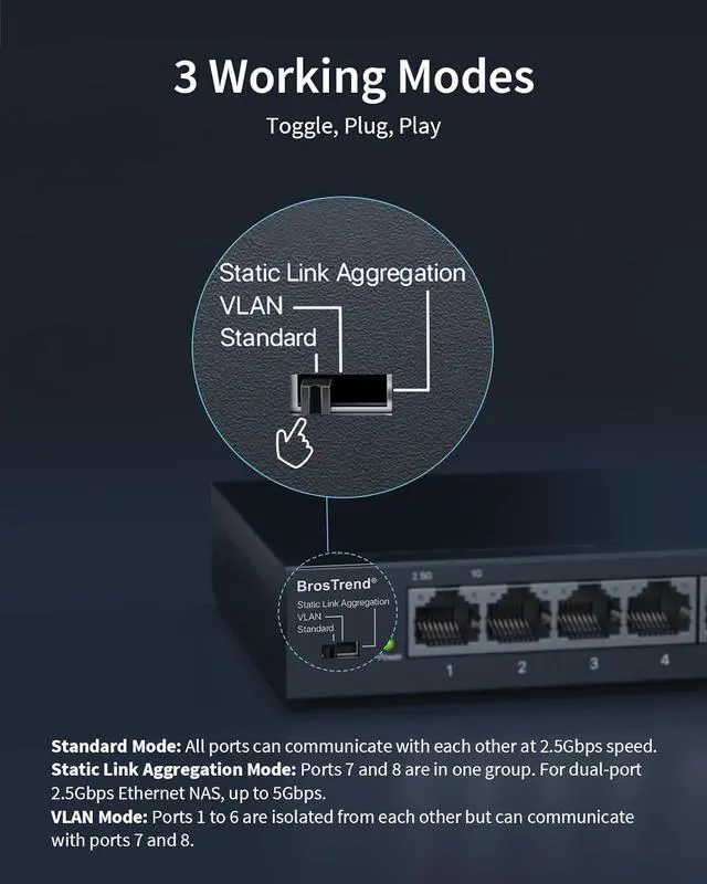 Alt view image 4 of 6 - BrosTrend 2.5Gb Switch, Unmanaged 8 Port Ethernet Switch 2.5 Gigabit Supports Static Link Aggregation & VLAN, Fanless, Desktop Wall Mount, Multi Gig Splitter for Gaming, NAS, PC, Lifetime Protection