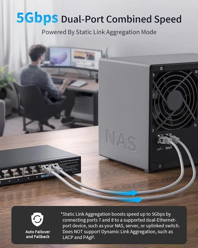 Alt view image 5 of 6 - BrosTrend 2.5Gb Switch, Unmanaged 8 Port Ethernet Switch 2.5 Gigabit Supports Static Link Aggregation & VLAN, Fanless, Desktop Wall Mount, Multi Gig Splitter for Gaming, NAS, PC, Lifetime Protection