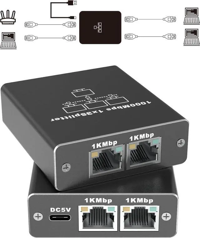 Main image of Gigabit Ethernet Splitter 1 to 3, Aluminium LAN Splitter 1000Mbps RJ45 Ethernet Switch Network Splitter with USB C Power Cable for Cat5/5e/6/7/8