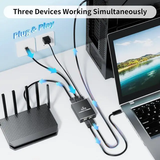 Alt view image 2 of 6 - Ethernet Splitter 1 to 3, ALYYDBG 1000Mbps RJ45 Internet Splitter with USB Power Cable, LAN Splitter Using Cat5/5e/6/7/8 Cable for PC, TV, PS5, Printer etc