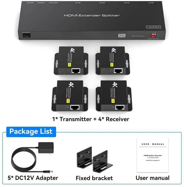 Alt view image 7 of 7 - 4K 1x4 HDMI Extender Splitter Over CAT6/7 Ethernet 4K30Hz Up to 165ft-1080P Up to 196ft Support HDMI Loop Out EDID with 4X Receivers