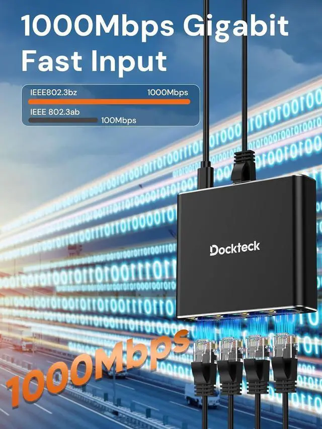 Alt view image 3 of 7 - Ethernet Splitter 1 to 4 1000Mbps, Dockteck Internet Cable Splitter 1 in 4 Out High Speed Switch Network Gigabit for LAN RJ45 Port Router Switch Work with Cat5/5e/6/7/8 Cable
