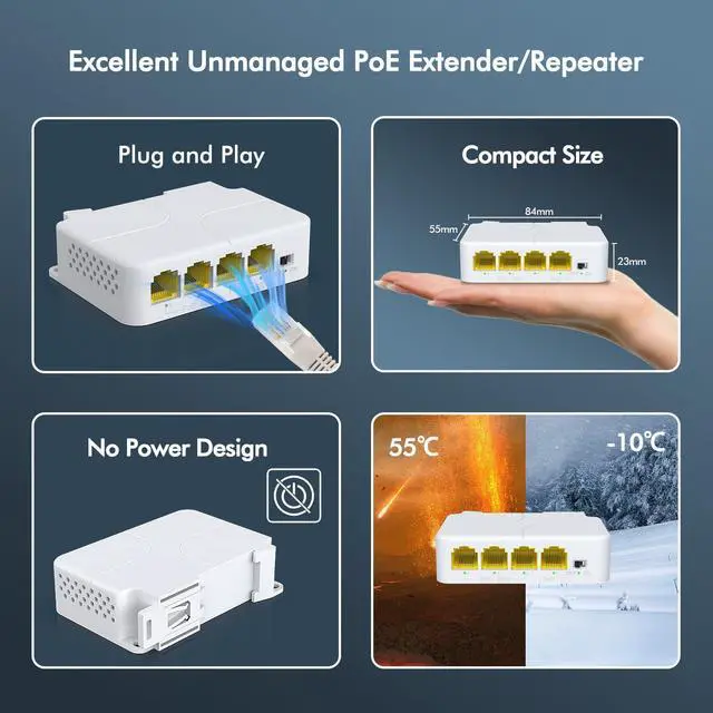 Alt view image 6 of 7 - YuanLey 4 Port PoE Extender Gigabit with 3 PoE Out, IEEE 802.3af/at Mini 4 Channel Repeater 1000Mbps, VLAN, Wall and Din Rail Mount Passthrough POE Amplifier/Booster, Plug and Play