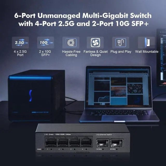 Alt view image 2 of 7 - 6 Port 2.5G Switch, 4 x 2.5GBASE-T Ports with 2 x 10G SFP+, Metal Mini Case, 60Gbps Switching Capacity, Fanless Plug & Play YuLinca Unmanaged Network Switch