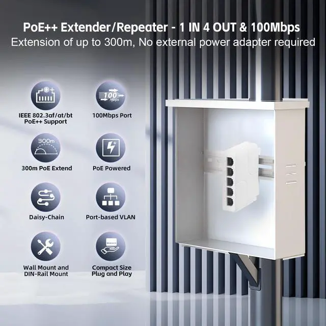 Alt view image 2 of 7 - YuLinca 5 Port PoE Extender with 1 PoE in 4 PoE Out, IEEE 802.3 af/at/bt 90W PoE Repeater with 10/100Mbps, Wall and Din Rail Mount PoE Passthrough Switch