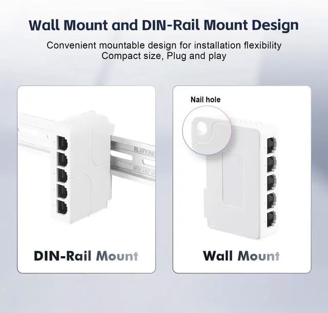 Alt view image 7 of 7 - YuLinca 5 Port PoE Extender with 1 PoE in 4 PoE Out, IEEE 802.3 af/at/bt 90W PoE Repeater with 10/100Mbps, Wall and Din Rail Mount PoE Passthrough Switch