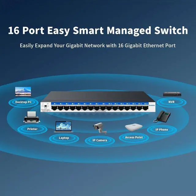 Alt view image 4 of 7 - 16 Port Gigabit Switch, Easy Smart Managed Ethernet Switch, Network Hub, Ethernet Splitter, Plug & Play, Fanless Metal Design, VLAN, Qos, Desktop or Wall Mount