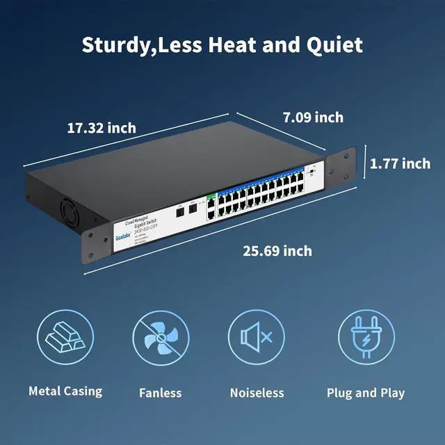 Alt view image 7 of 7 - 26 Port Gigabit Switch, Easy Smart Managed Ethernet Switch, Network Hub, Ethernet Splitter, Plug & Play, Industrial Grade Fan Metal Design, VLAN, Qos, Desktop or Wall Mount