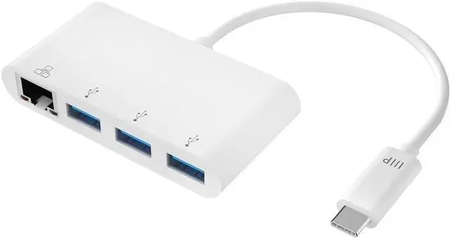 Main image of USB-C 3-Port USB 3.0 Hub and Gigabit Ethernet Adapter - Plug-n-Play Supports Up To 5Gbps Data Rate Compatible with MacOS Windows Chrome OS White - Select Series