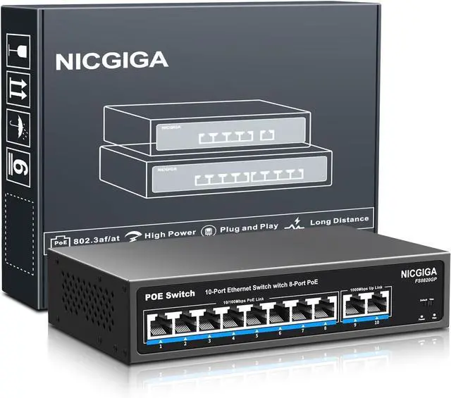 Main image of 8 Port PoE Switch with 8 Ports 100Mbps PoE+@120W + 2 * Gigabit Uplink Port, NICGIGA 10 Port 802.3af/at Power Over Ethernet Network Switch Unmanaged, VLAN and 250m Extender Mode, Fanless.