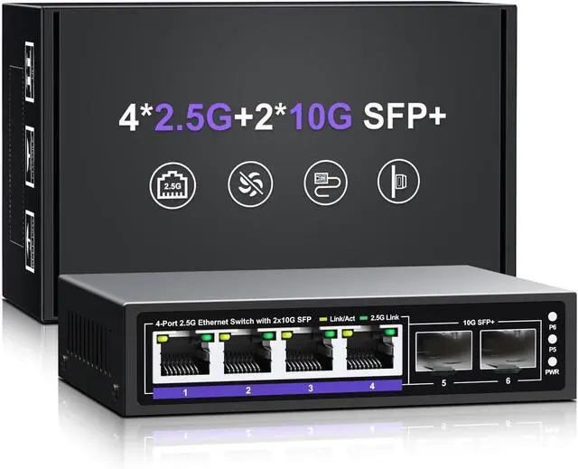 Main image of 6 Port 2.5G Unmanaged Ethernet Switch, 4 x 2.5G Base-T Ports, 2 x 10G SFP+, Compatible with 100/1000/2500Mbps, Metal Fanless, Desktop/Wall Mount NICGIGA 2.5Gbe Network Switch for Wireless AP, NAS, PC