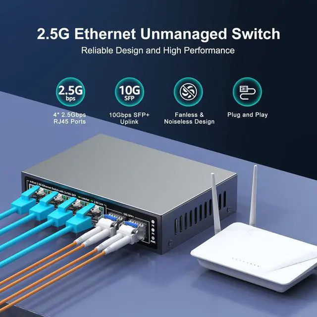 Alt view image 3 of 7 - 6 Port 2.5G Unmanaged Ethernet Switch, 4 x 2.5G Base-T Ports, 2 x 10G SFP+, Compatible with 100/1000/2500Mbps, Metal Fanless, Desktop/Wall Mount NICGIGA 2.5Gbe Network Switch for Wireless AP, NAS, PC