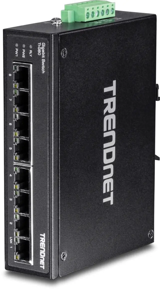 Main image of TRENDnet 8-Port Hardened Industrial Gigabit DIN-Rail Switch, TI-G80, 16 Gbps Switching Capacity, IP30 Rated, Ethernet Splitter, NDAA & TAA Compliant, Lifetime Protection, Black