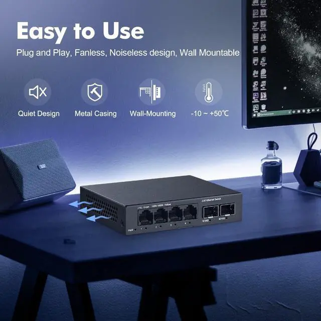 Alt view image 4 of 7 - 6 Port 2.5G Switch, 4 x 2.5GBASE-T Ports with 2 x 10G SFP+, Metal Mini Case, 60Gbps Switching Capacity, Fanless Plug & Play YuLinca Unmanaged Network Switch