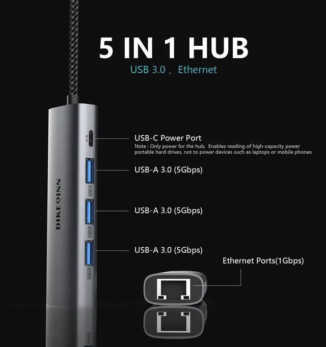 Alt view image 2 of 7 - USB 3.0 Hub with Gigabit Ethernet, 3-Port USB-A 5Gbps + USB-C Power Port for MacBook, Dell, HP, Surface (Plug and Play) (USB-C)