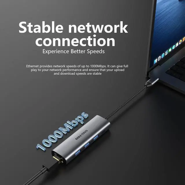 Alt view image 3 of 7 - USB 3.0 Hub with Gigabit Ethernet, 3-Port USB-A 5Gbps + USB-C Power Port for MacBook, Dell, HP, Surface (Plug and Play) (USB-C)