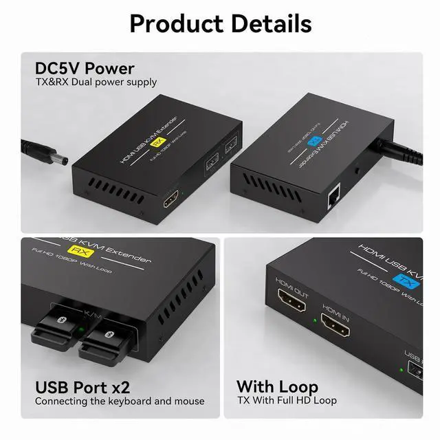 Alt view image 6 of 7 - HDMI KVM USB Extender Over Cat5e/6/7 Ethernet 1080P Up to 394ft/120m with Loop Out HDMI and USB Extender for Remote Control of Monitor and Keyboard Mouse