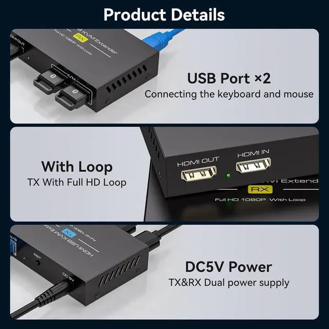 Alt view image 6 of 7 - VPFET HDMI KVM USB Extender 394ft 120M Over Cat 5e 6 7 1080P Ethernet Balun Transmitter Receiver with Loop Out Function Plug Play for Mouse and Keyboard Control