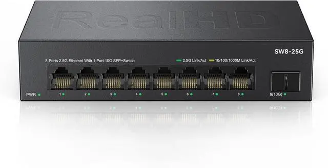 Main image of Real HD 8 Port 2.5G Ethernet Switch Unmanaged Network Switch with 8 x 2.5 Gigabit | 1 x 10G SFP+ | Work with 10-100-1000Mbps Devices | 60G Bandwidth | Plug & Play | Fanless Quiet Metal Internet Switch