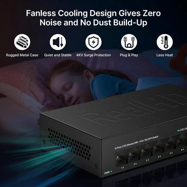 Alt view image 4 of 6 - Real HD 8 Port 2.5G Ethernet Switch Unmanaged Network Switch with 8 x 2.5 Gigabit | 1 x 10G SFP+ | Work with 10-100-1000Mbps Devices | 60G Bandwidth | Plug & Play | Fanless Quiet Metal Internet Switch