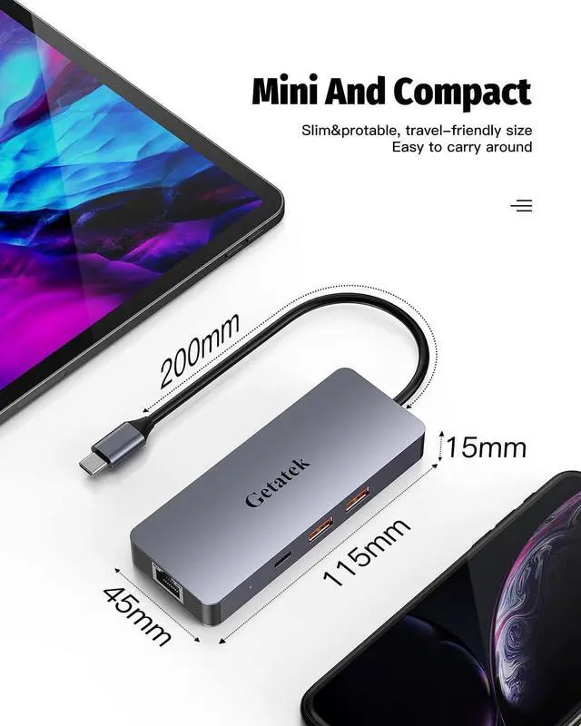 Alt view image 7 of 7 - USB-C Ethernet Hub - 6 Port Adapter with 4K@60Hz HDMI, 10Gbps Data, 100W PD Charging, RJ45 - Compatible with MacBook, Dell, Lenovo, iPhone 15 & Pro Max