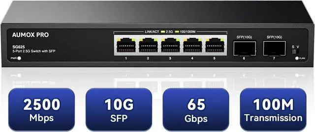 Main image of 7 Port 2.5Gb Unmanaged Ethernet Switch with 5* 2.5G Base-T Ports, 2*10G SFP Ports, AUMOX PRO 65 Gbps Vlan Switching Capacity Compatible with 100/1000/2500Mbps Plug and Play
