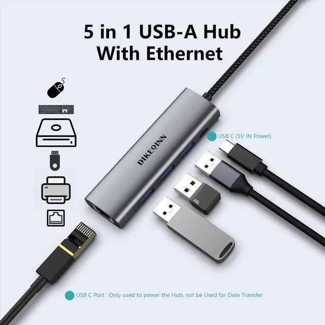 Alt view image 6 of 7 - USB 3.0 Hub with Gigabit Ethernet, 3-Port USB-A 5Gbps + USB-C Power Port for MacBook, Dell, HP, Surface (Plug and Play) (USB-C)