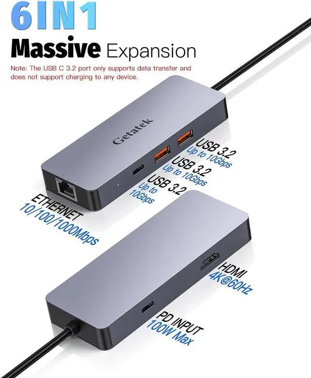 Alt view image 2 of 7 - USB-C Ethernet Hub - 6 Port Adapter with 4K@60Hz HDMI, 10Gbps Data, 100W PD Charging, RJ45 - Compatible with MacBook, Dell, Lenovo, iPhone 15 & Pro Max