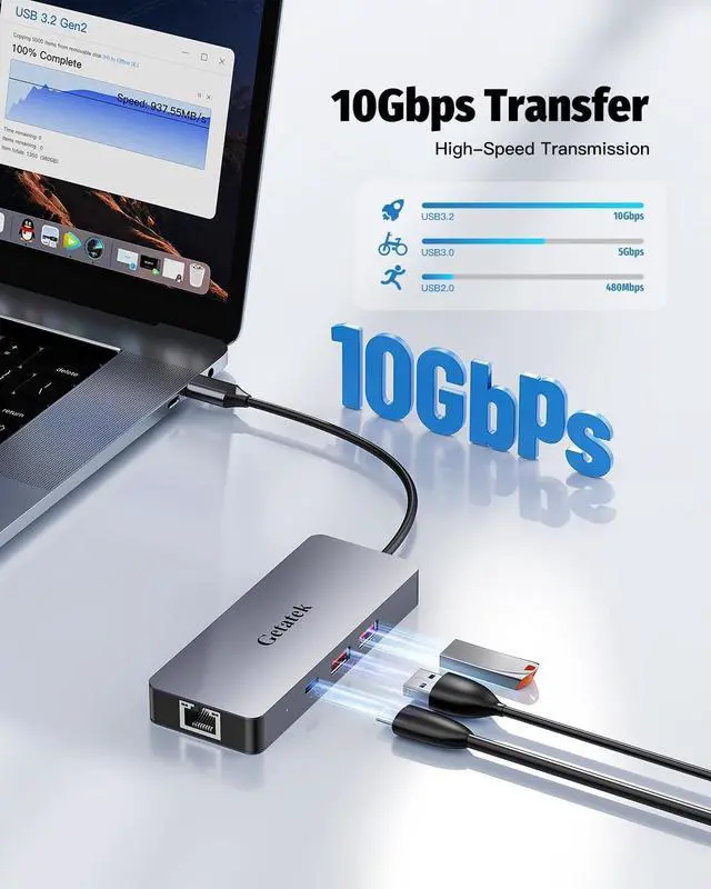 Alt view image 3 of 7 - USB-C Ethernet Hub - 6 Port Adapter with 4K@60Hz HDMI, 10Gbps Data, 100W PD Charging, RJ45 - Compatible with MacBook, Dell, Lenovo, iPhone 15 & Pro Max