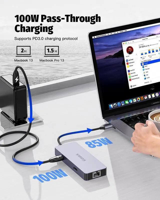 Alt view image 5 of 7 - USB-C Ethernet Hub - 6 Port Adapter with 4K@60Hz HDMI, 10Gbps Data, 100W PD Charging, RJ45 - Compatible with MacBook, Dell, Lenovo, iPhone 15 & Pro Max