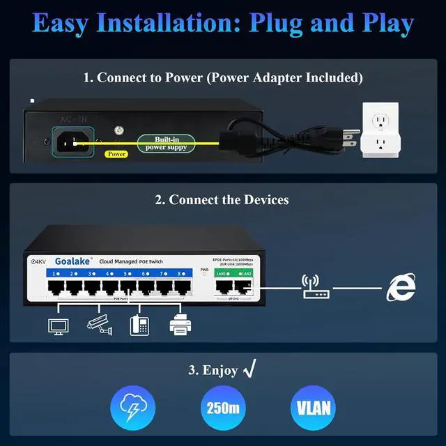 Alt view image 5 of 7 - 10-Port Ethernet PoE Switch (8 PoE Ports, 2 Uplink) with Extend Function, Easy Smart Managed Ethernet Switch, Plug & Play, Fanless Metal Design, VLAN, Qos,Desktop/Wall Mount