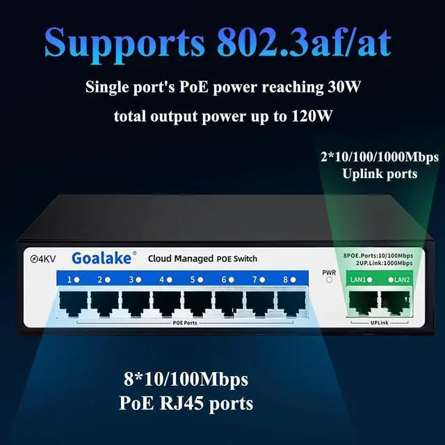 Alt view image 6 of 7 - 10-Port Ethernet PoE Switch (8 PoE Ports, 2 Uplink) with Extend Function, Easy Smart Managed Ethernet Switch, Plug & Play, Fanless Metal Design, VLAN, Qos,Desktop/Wall Mount