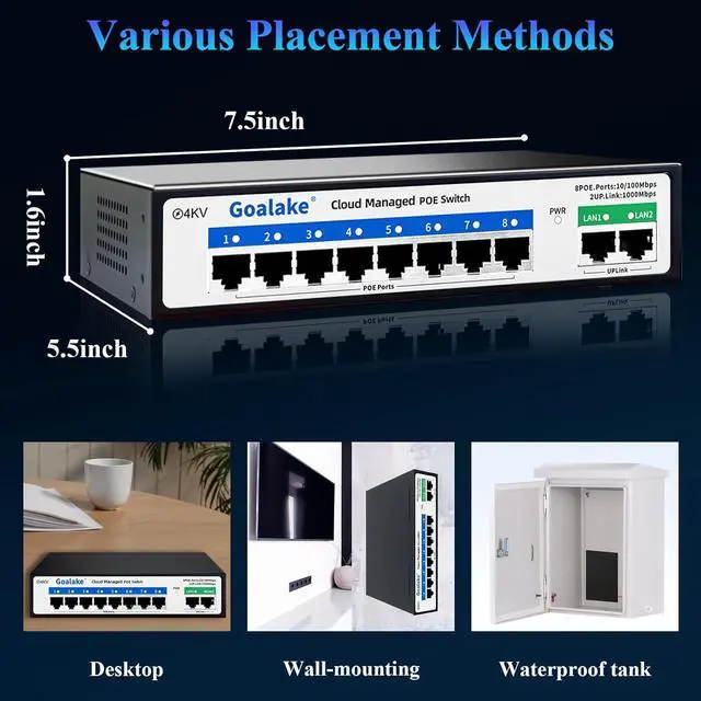 Alt view image 7 of 7 - 10-Port Ethernet PoE Switch (8 PoE Ports, 2 Uplink) with Extend Function, Easy Smart Managed Ethernet Switch, Plug & Play, Fanless Metal Design, VLAN, Qos,Desktop/Wall Mount