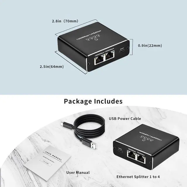 Alt view image 7 of 7 - 1000Mbps Ethernet Splitter 1 to 4 High Speed Ethernet Switch Gigabit Internet Network Splitter LAN Switch with USB C Power Cable for Cat5/5e/6/7/8 Cable