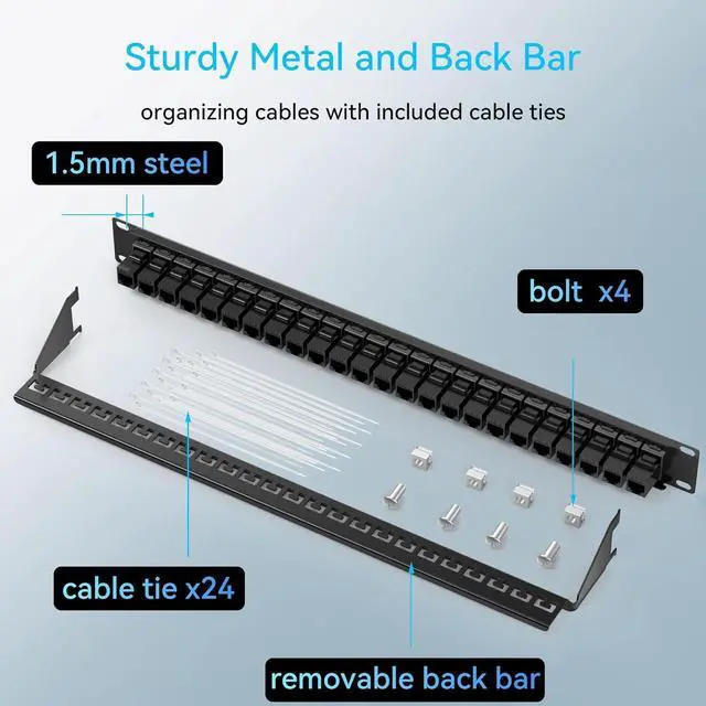 Alt view image 6 of 6 - 24 Port Cat6 Patch Panel With Coupler Keystone - 10G No Punch Down, Time-Saver Ethernet 1U Rj45 With Sturdy Back Bar, Rackmount 19 Inch