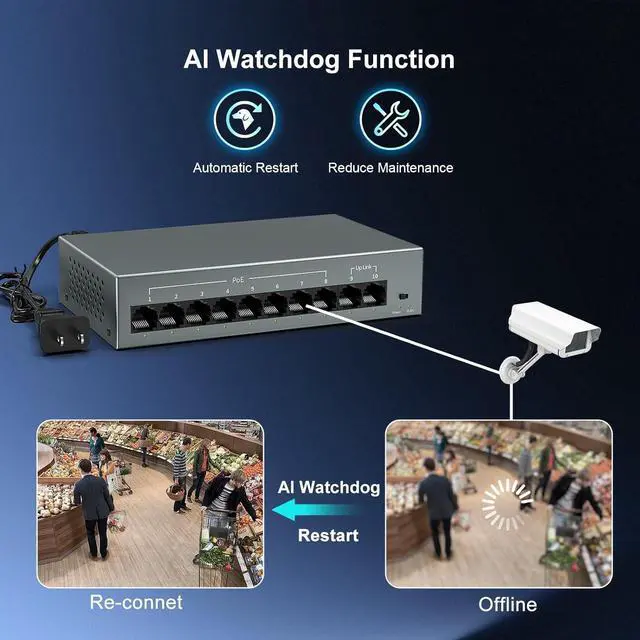 Alt view image 7 of 7 - YuanLey 8 Port Gigabit PoE Switch with 2 Gigabit Uplink, 8 Port PoE+ 1000Mbps, 85W 802.3af/at, Extend Function, Metal, Fanless, AI WatchDog, Unmanaged Plug and Play Smart Detection Ethernet Switch