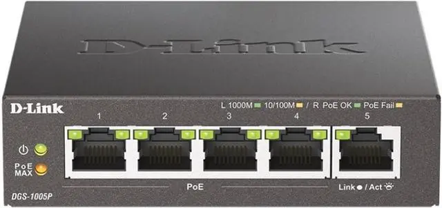 Main image of D-Link 5-Port Gigabit PoE+ Unmanaged/Plug and Play (60W Total PoE Budget 4xPort) Metal Compact Desktop Switch - (DGS-1005P)