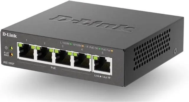 Alt view image 2 of 7 - D-Link 5-Port Gigabit PoE+ Unmanaged/Plug and Play (60W Total PoE Budget 4xPort) Metal Compact Desktop Switch - (DGS-1005P)