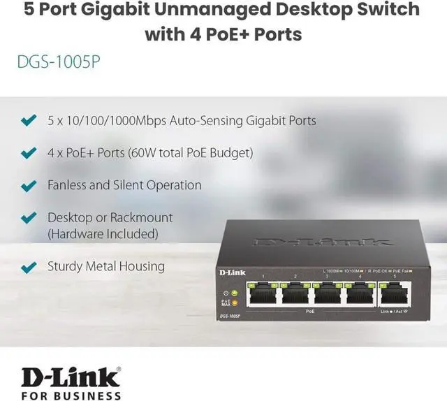 Alt view image 3 of 7 - D-Link 5-Port Gigabit PoE+ Unmanaged/Plug and Play (60W Total PoE Budget 4xPort) Metal Compact Desktop Switch - (DGS-1005P)