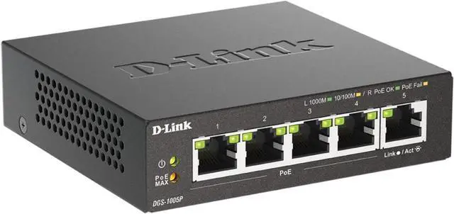 Alt view image 7 of 7 - D-Link 5-Port Gigabit PoE+ Unmanaged/Plug and Play (60W Total PoE Budget 4xPort) Metal Compact Desktop Switch - (DGS-1005P)