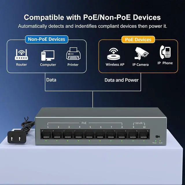 Alt view image 4 of 7 - YuanLey 8 Port Gigabit PoE Switch with 2 Gigabit Uplink, 8 Port PoE+ 1000Mbps, 85W 802.3af/at, Extend Function, Metal, Fanless, AI WatchDog, Unmanaged Plug and Play Smart Detection Ethernet Switch