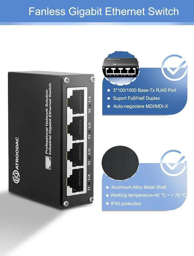 Alt view image 3 of 6 - Mini Ethernet Switch 5 Ports Gigabit Switch 10/100/1000 Mbps Unmanaged Ethernet Switch Plug & Play Office Ethernet Splitter Fanless Quiet Metal Design Network Hub Desktop Design, Black